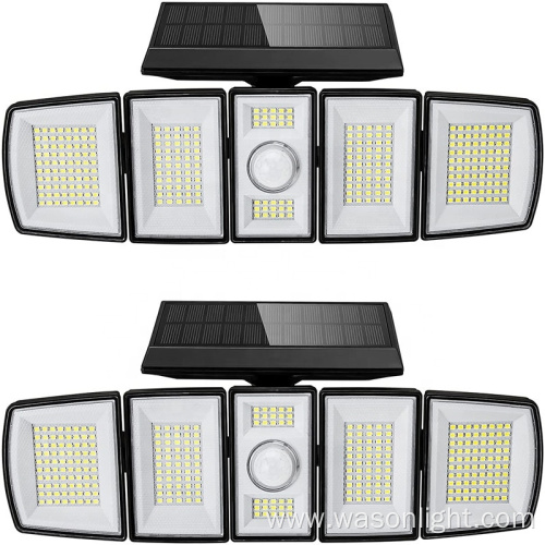 Outdoor Professional 300Led 6500K Adjustable 5 Heads Wireless Motion Sensor Solar Flood Security Wall Lights